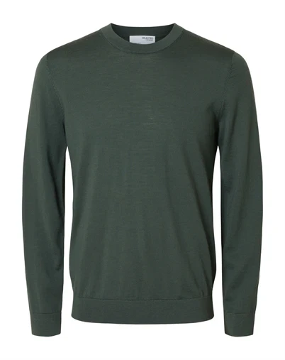 Selected - SLHTray Merino Crew Strik - Deep Forest 